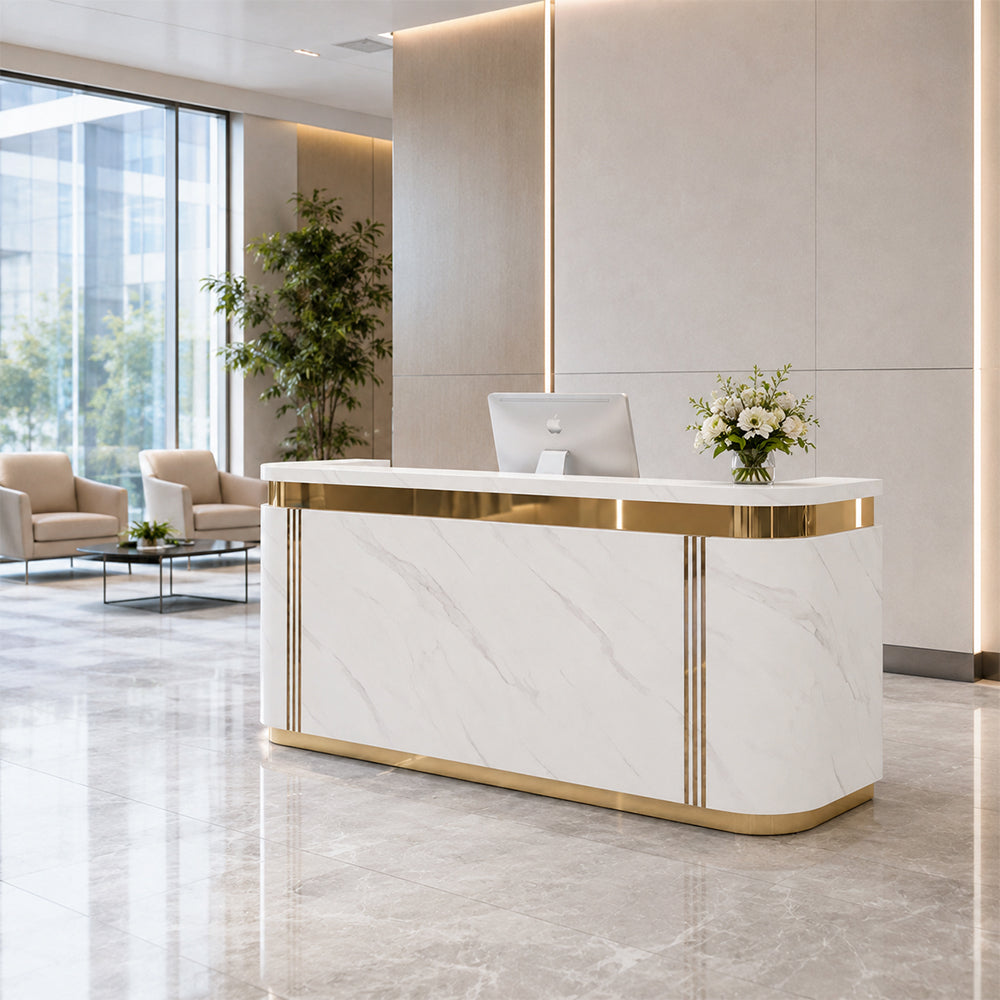LUXORA 120/180cm Modern Curved Reception Counter with LED Lighting and Lockable Drawer for Retail Store & Salon - Jazz White & Gold Trim