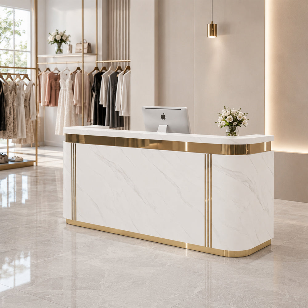 LUXORA 120/180cm Modern Curved Reception Counter with LED Lighting and Lockable Drawer for Retail Store & Salon - Jazz White & Gold Trim