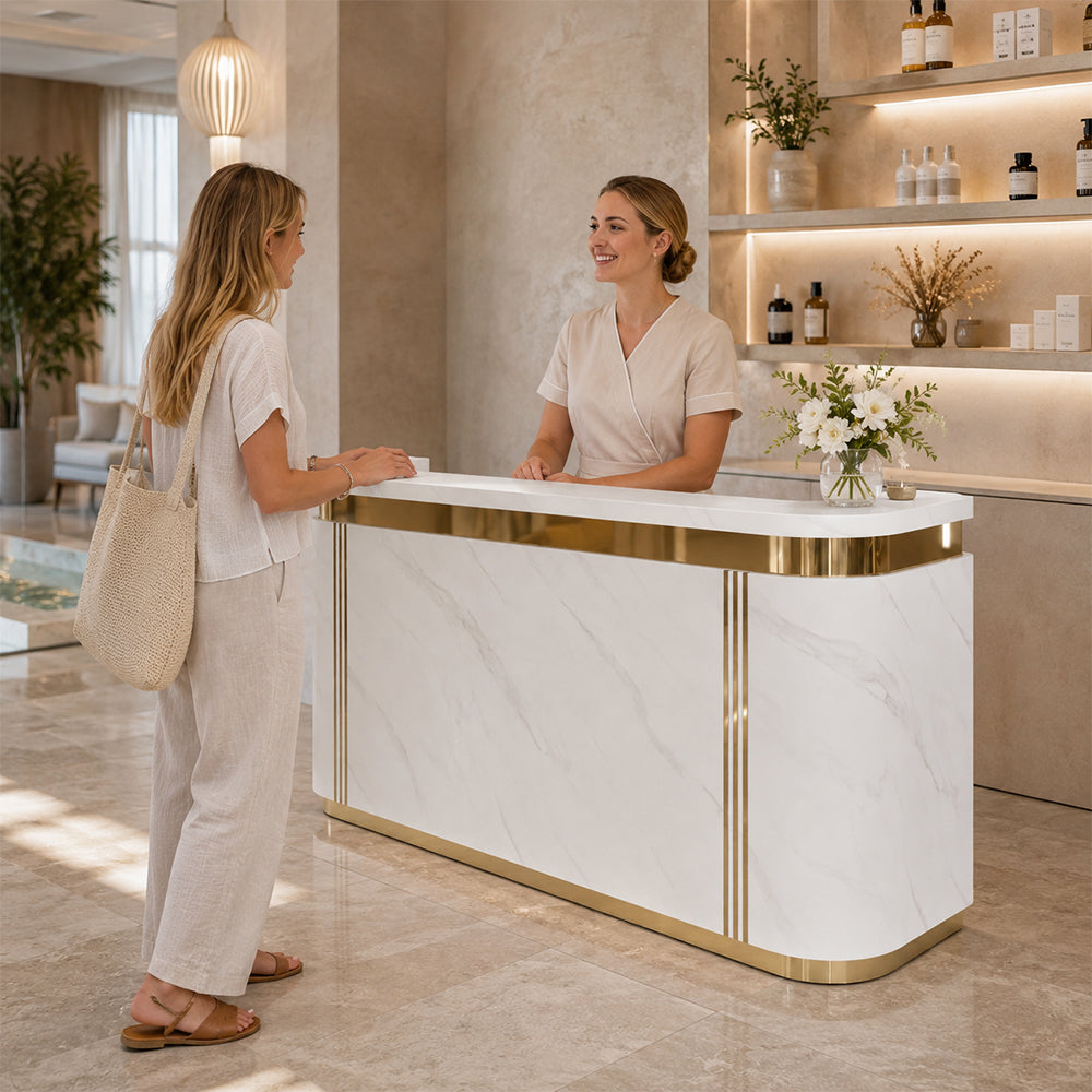 LUXORA 120/180cm Modern Curved Reception Counter with LED Lighting and Lockable Drawer for Retail Store & Salon - Jazz White & Gold Trim
