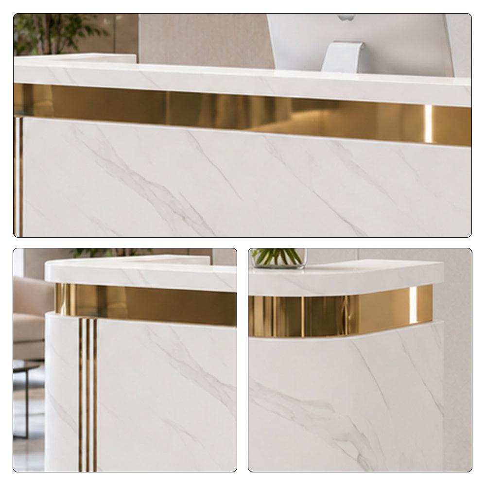 LUXORA 120/180cm Modern Curved Reception Counter with LED Lighting and Lockable Drawer for Retail Store & Salon - Jazz White & Gold Trim
