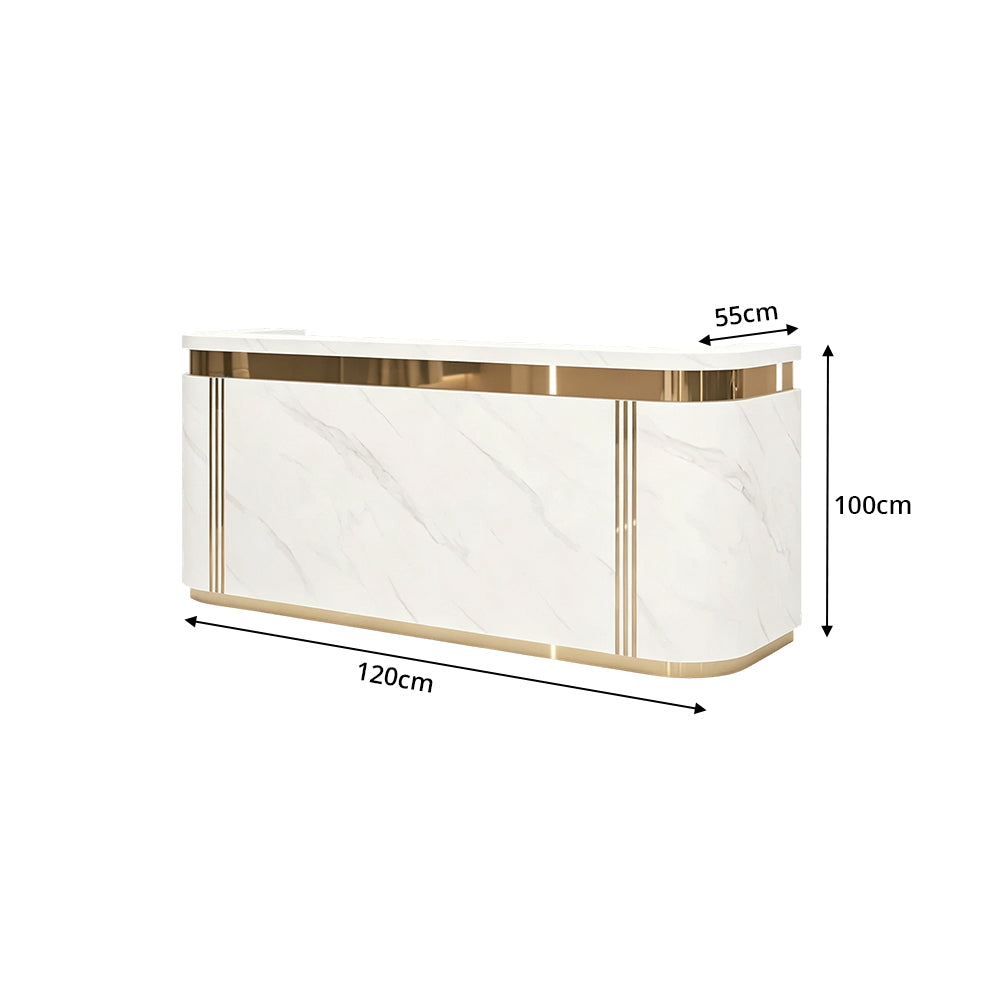 LUXORA 120/180cm Modern Curved Reception Counter with LED Lighting and Lockable Drawer for Retail Store & Salon - Jazz White & Gold Trim