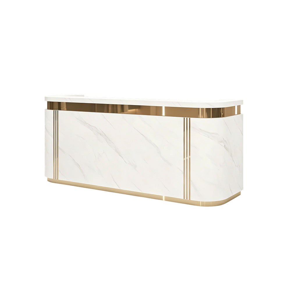 LUXORA 120/180cm Modern Curved Reception Counter with LED Lighting and Lockable Drawer for Retail Store & Salon - Jazz White & Gold Trim