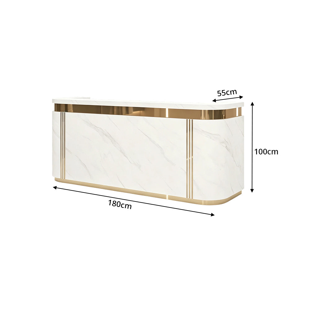 LUXORA 120/180cm Modern Curved Reception Counter with LED Lighting and Lockable Drawer for Retail Store & Salon - Jazz White & Gold Trim