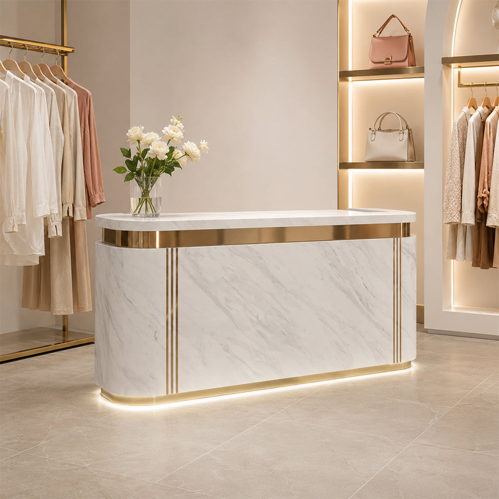 LUXORA 120/180cm Modern Curved Reception Counter with LED Lighting and Lockable Drawer for Retail Store & Salon - Grey & Gold Trim
