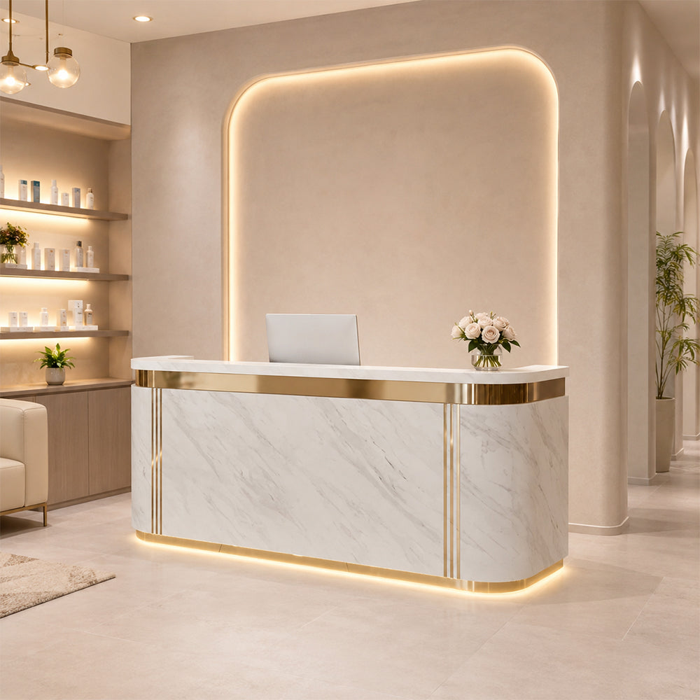 LUXORA 120/180cm Modern Curved Reception Counter with LED Lighting and Lockable Drawer for Retail Store & Salon - Grey & Gold Trim