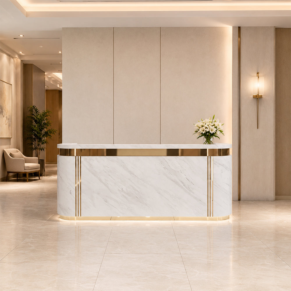LUXORA 120/180cm Modern Curved Reception Counter with LED Lighting and Lockable Drawer for Retail Store & Salon - Grey & Gold Trim