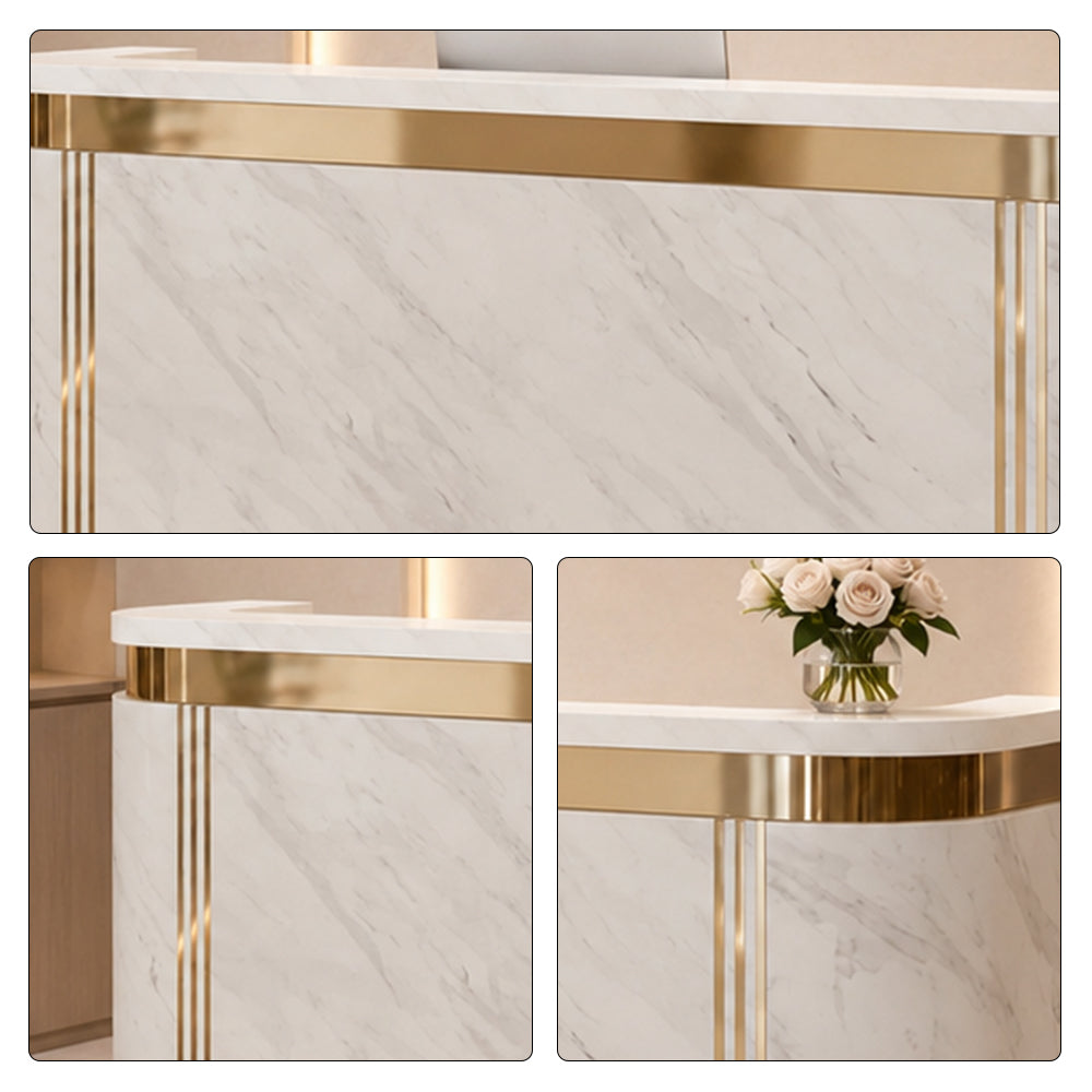 LUXORA 120/180cm Modern Curved Reception Counter with LED Lighting and Lockable Drawer for Retail Store & Salon - Grey & Gold Trim