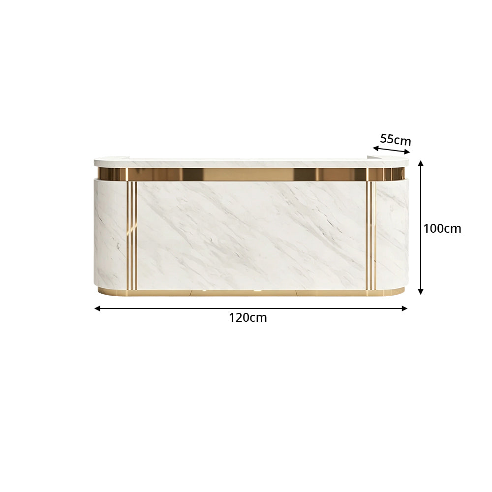 LUXORA 120/180cm Modern Curved Reception Counter with LED Lighting and Lockable Drawer for Retail Store & Salon - Grey & Gold Trim