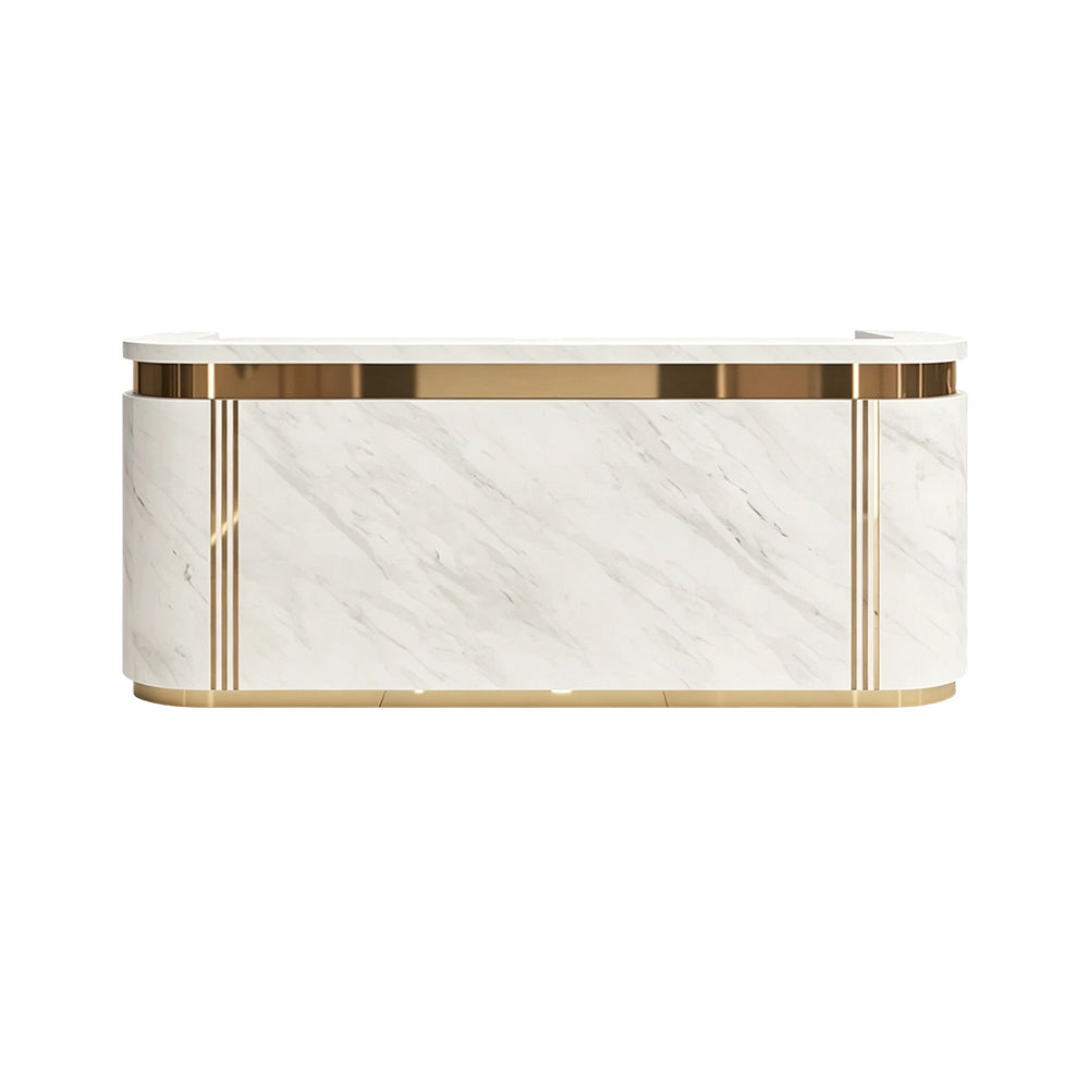 LUXORA 120/180cm Modern Curved Reception Counter with LED Lighting and Lockable Drawer for Retail Store & Salon - Grey & Gold Trim