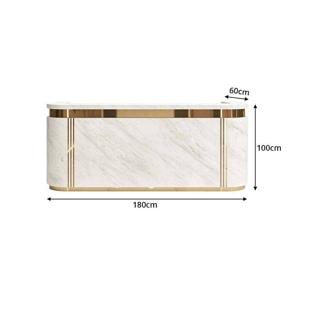 LUXORA 120/180cm Modern Curved Reception Counter with LED Lighting and Lockable Drawer for Retail Store & Salon - Grey & Gold Trim