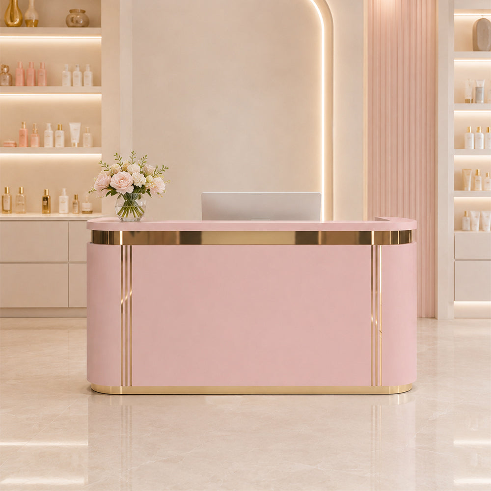 LUXORA 120/180cm Modern Curved Reception Counter with LED Lighting and Lockable Drawer for Retail Store & Salon - Pink & Gold Trim