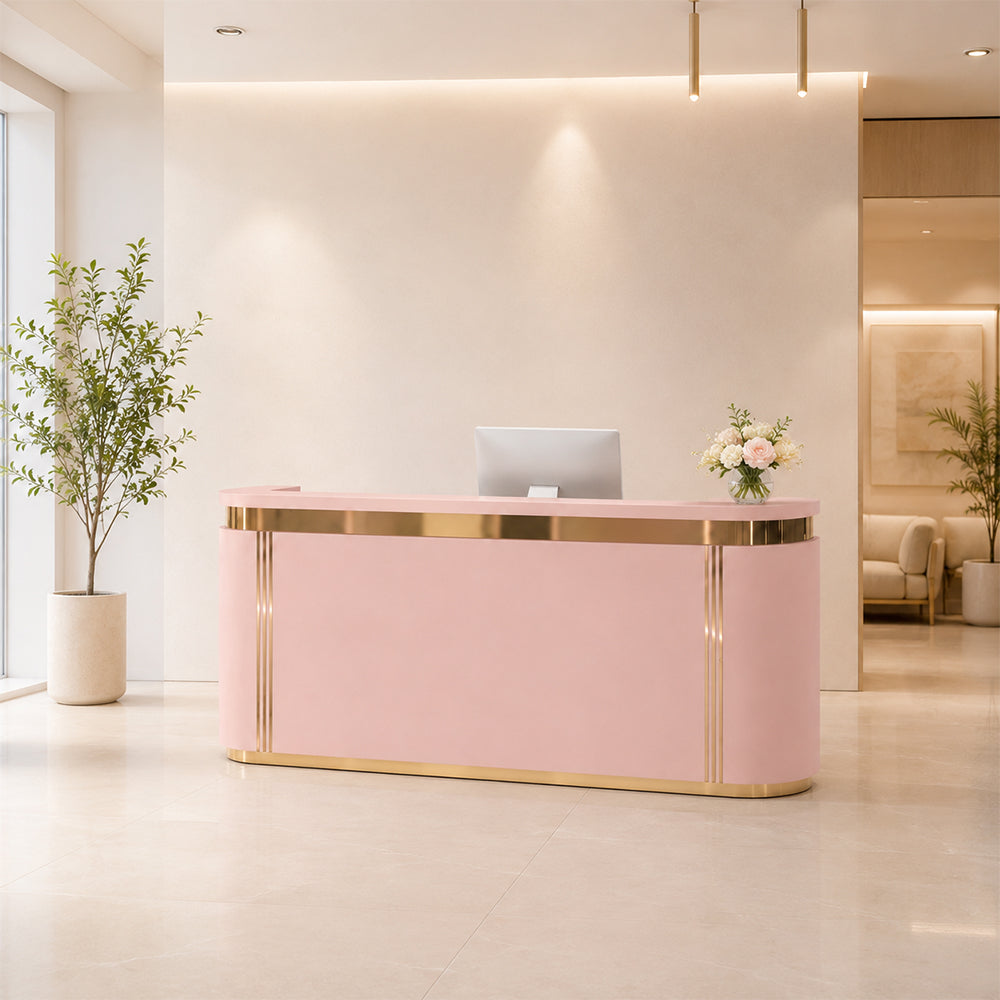 LUXORA 120/180cm Modern Curved Reception Counter with LED Lighting and Lockable Drawer for Retail Store & Salon - Pink & Gold Trim