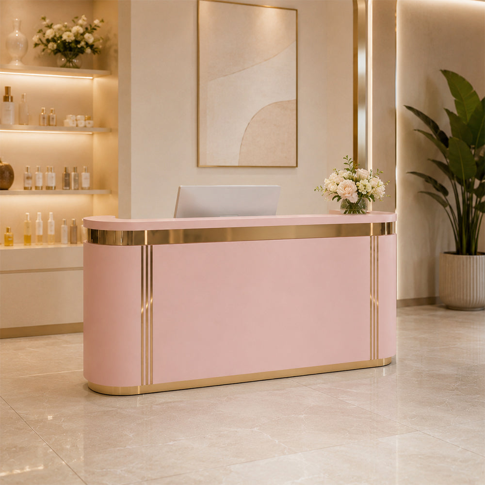 LUXORA 120/180cm Modern Curved Reception Counter with LED Lighting and Lockable Drawer for Retail Store & Salon - Pink & Gold Trim