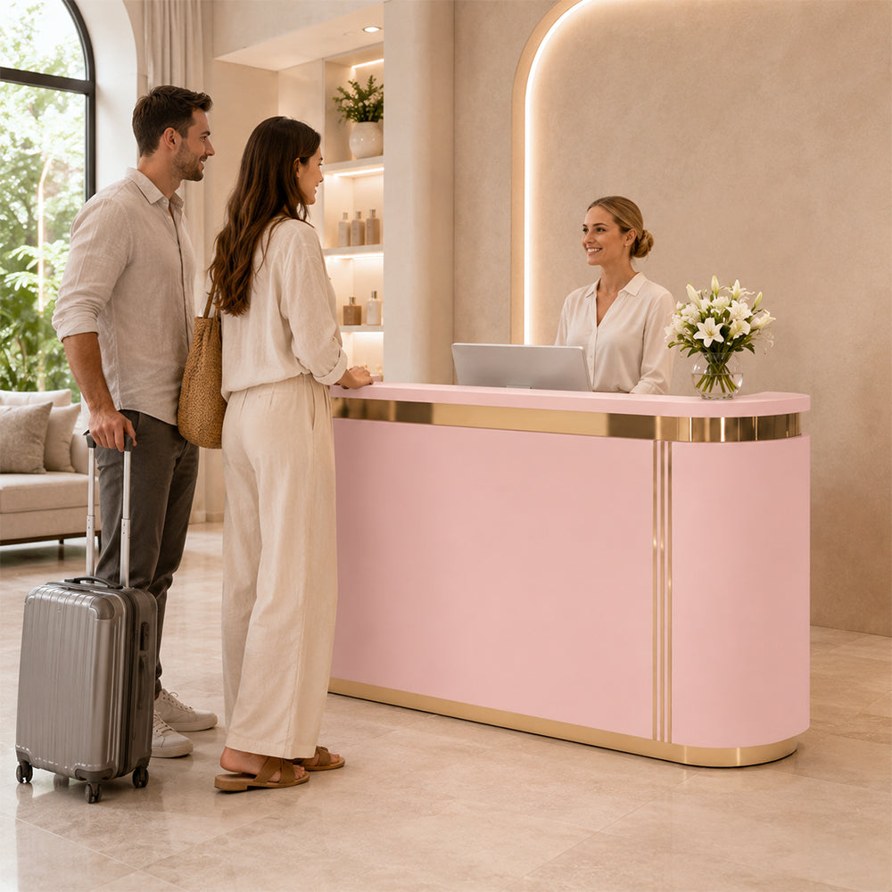 LUXORA 120/180cm Modern Curved Reception Counter with LED Lighting and Lockable Drawer for Retail Store & Salon - Pink & Gold Trim