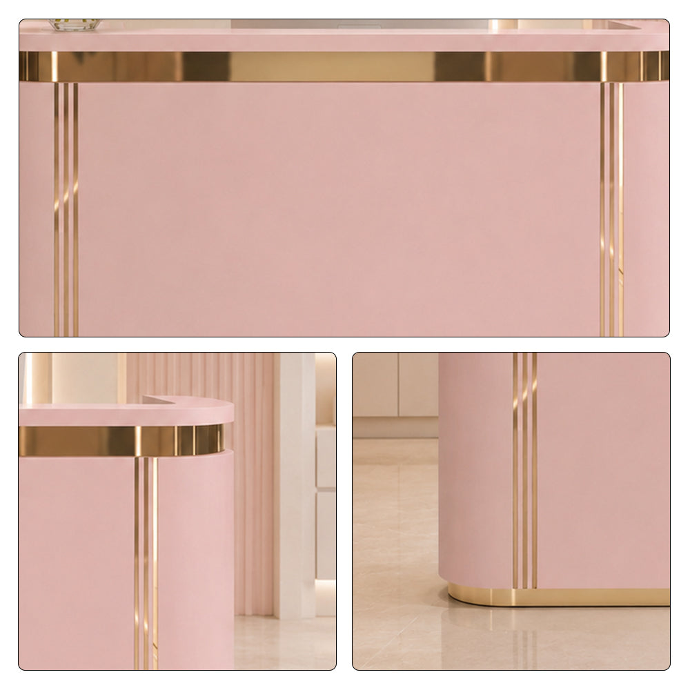 LUXORA 120/180cm Modern Curved Reception Counter with LED Lighting and Lockable Drawer for Retail Store & Salon - Pink & Gold Trim