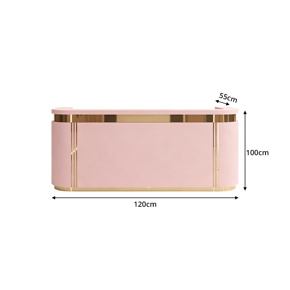 LUXORA 120/180cm Modern Curved Reception Counter with LED Lighting and Lockable Drawer for Retail Store & Salon - Pink & Gold Trim