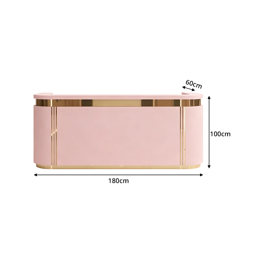 LUXORA 120/180cm Modern Curved Reception Counter with LED Lighting and Lockable Drawer for Retail Store & Salon - Pink & Gold Trim
