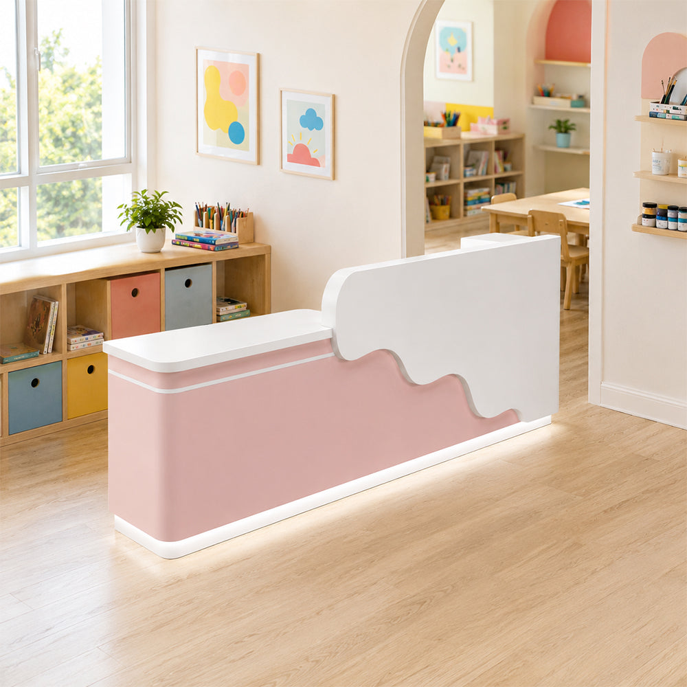 LUXORA 120/180cm Curved Reception Counter with LED Lighting for Kindergarten, Learning Centre & Retail Store - Gloss White & Pink