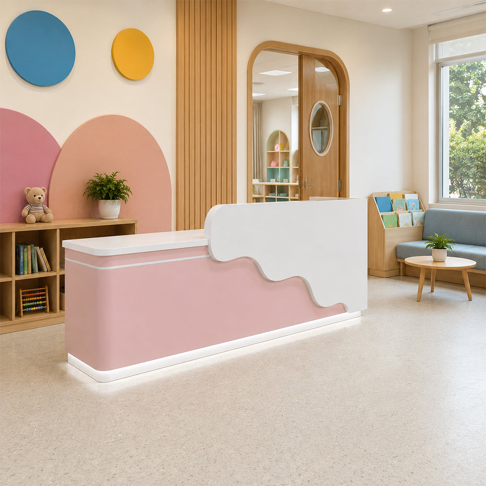 LUXORA 120/180cm Curved Reception Counter with LED Lighting for Kindergarten, Learning Centre & Retail Store - Gloss White & Pink