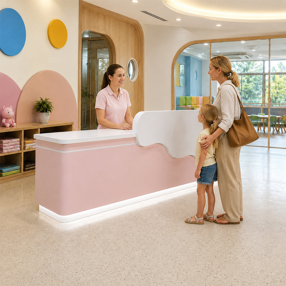 LUXORA 120/180cm Curved Reception Counter with LED Lighting for Kindergarten, Learning Centre & Retail Store - Gloss White & Pink