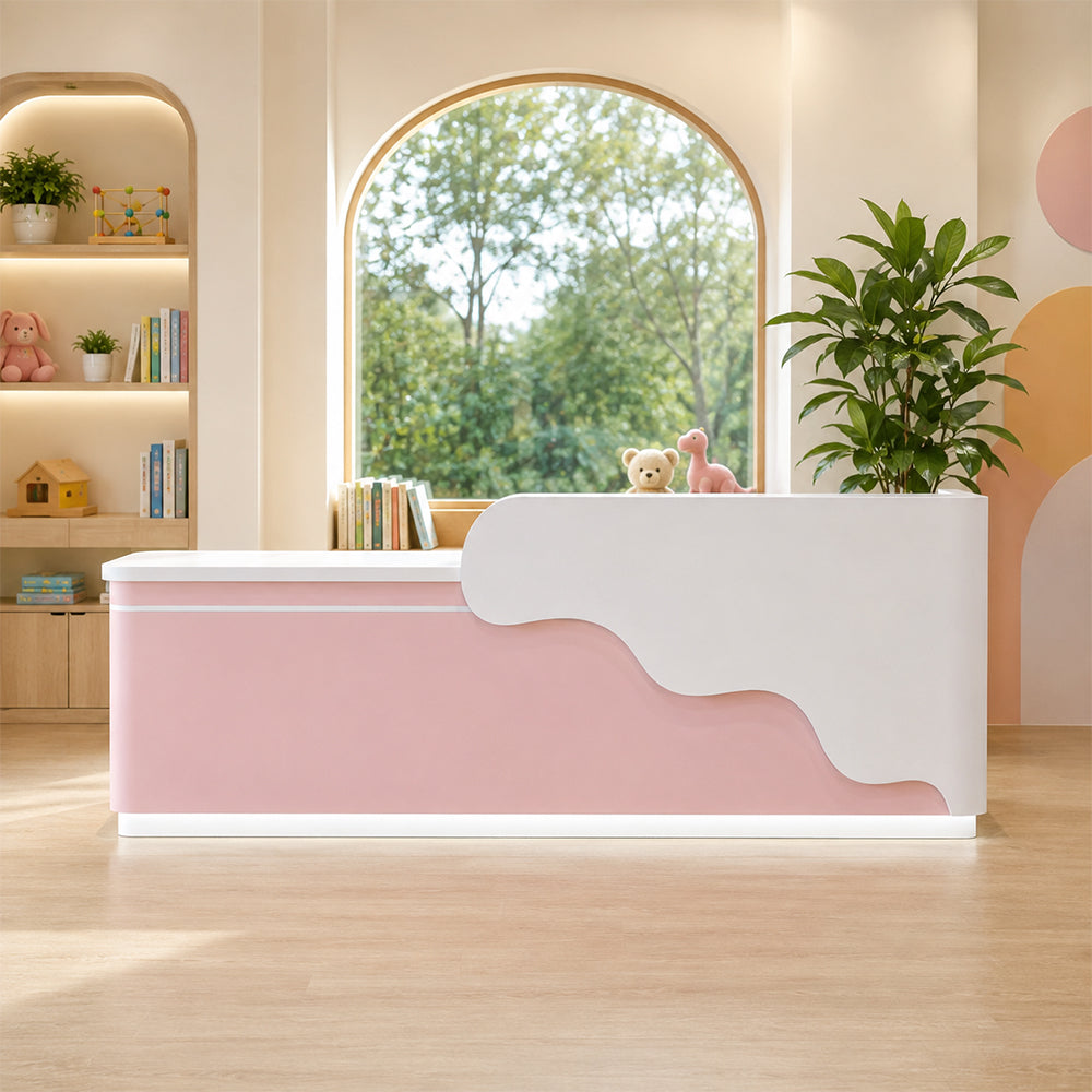 LUXORA 120/180cm Curved Reception Counter with LED Lighting for Kindergarten, Learning Centre & Retail Store - Gloss White & Pink