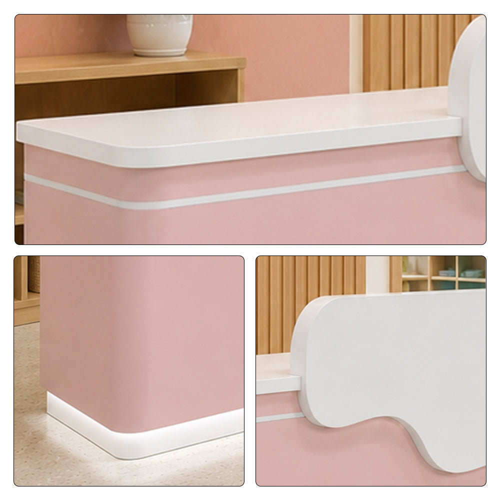 LUXORA 120/180cm Curved Reception Counter with LED Lighting for Kindergarten, Learning Centre & Retail Store - Gloss White & Pink