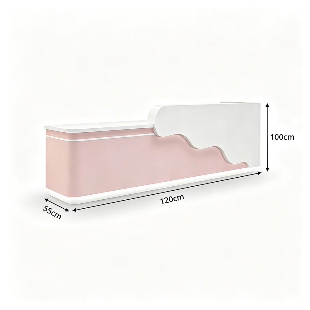 LUXORA 120/180cm Curved Reception Counter with LED Lighting for Kindergarten, Learning Centre & Retail Store - Gloss White & Pink