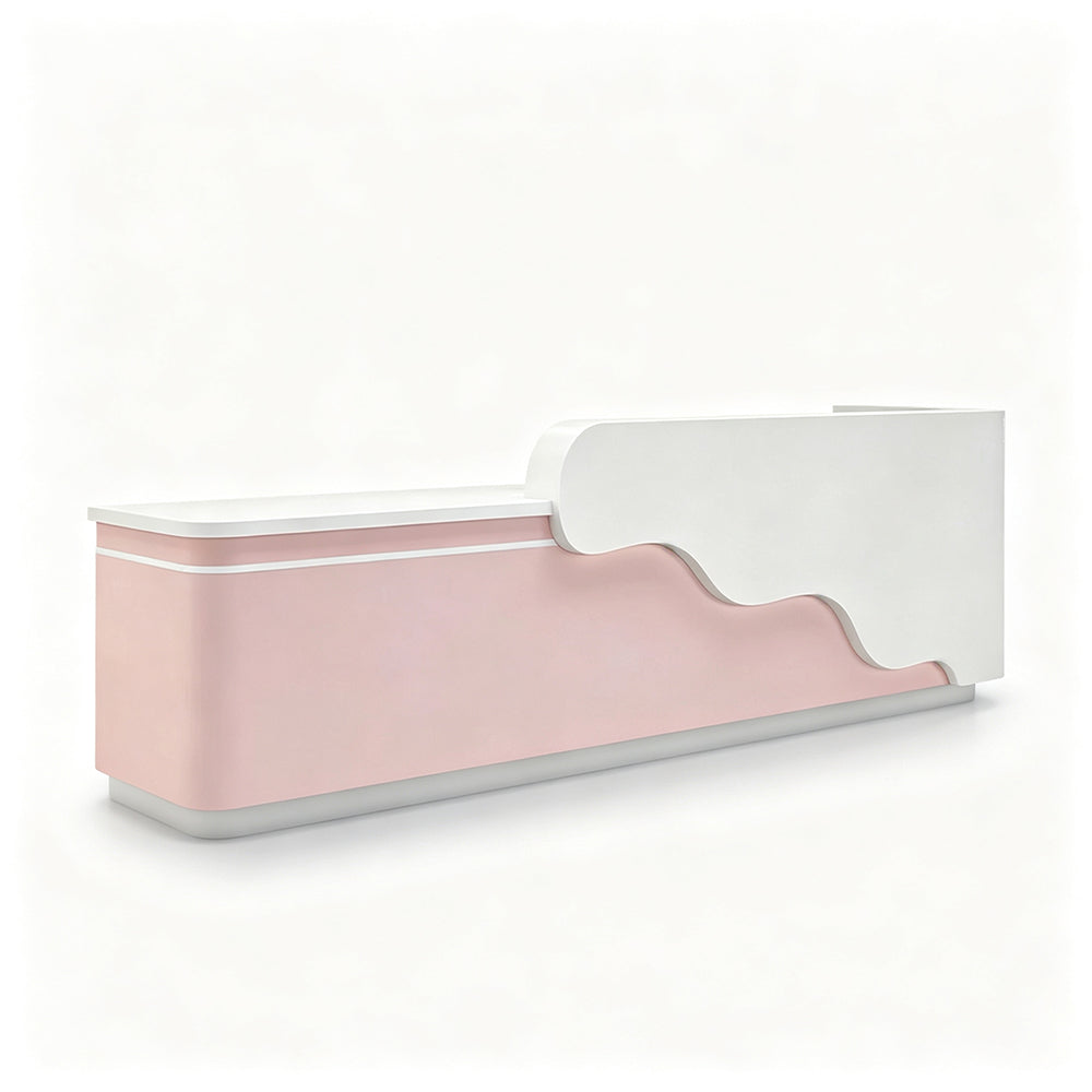 LUXORA 120/180cm Curved Reception Counter with LED Lighting for Kindergarten, Learning Centre & Retail Store - Gloss White & Pink