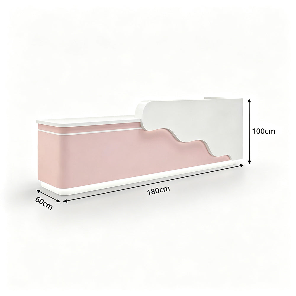 LUXORA 120/180cm Curved Reception Counter with LED Lighting for Kindergarten, Learning Centre & Retail Store - Gloss White & Pink