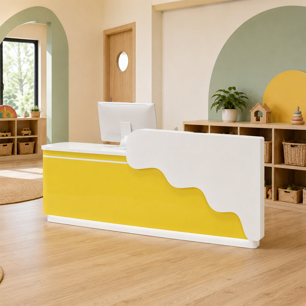LUXORA 120/180cm Curved Reception Counter with LED Lighting for Kindergarten, Learning Centre & Retail Store - Gloss White & Lemon Yellow