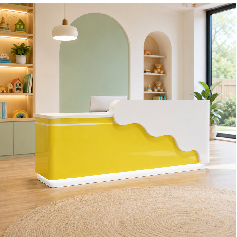 LUXORA 120/180cm Curved Reception Counter with LED Lighting for Kindergarten, Learning Centre & Retail Store - Gloss White & Lemon Yellow