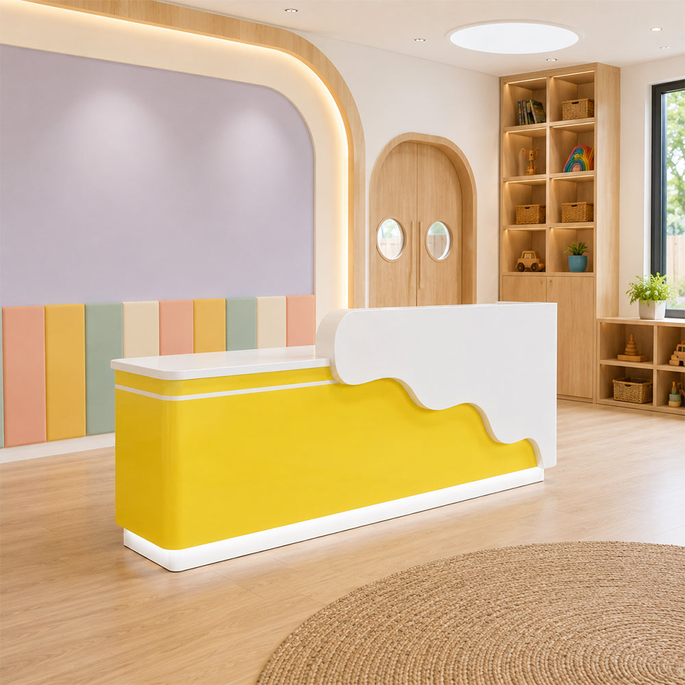 LUXORA 120/180cm Curved Reception Counter with LED Lighting for Kindergarten, Learning Centre & Retail Store - Gloss White & Lemon Yellow