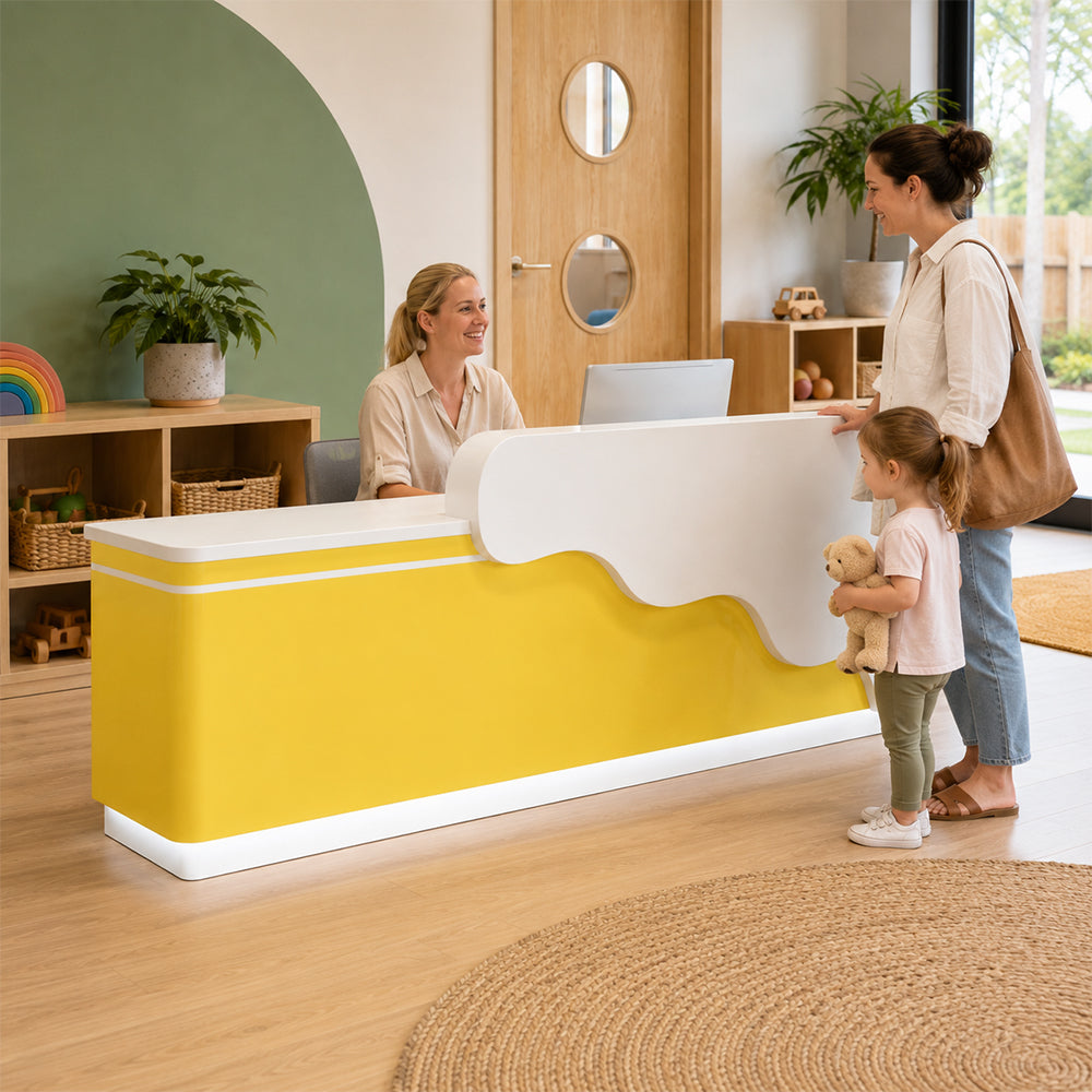 LUXORA 120/180cm Curved Reception Counter with LED Lighting for Kindergarten, Learning Centre & Retail Store - Gloss White & Lemon Yellow