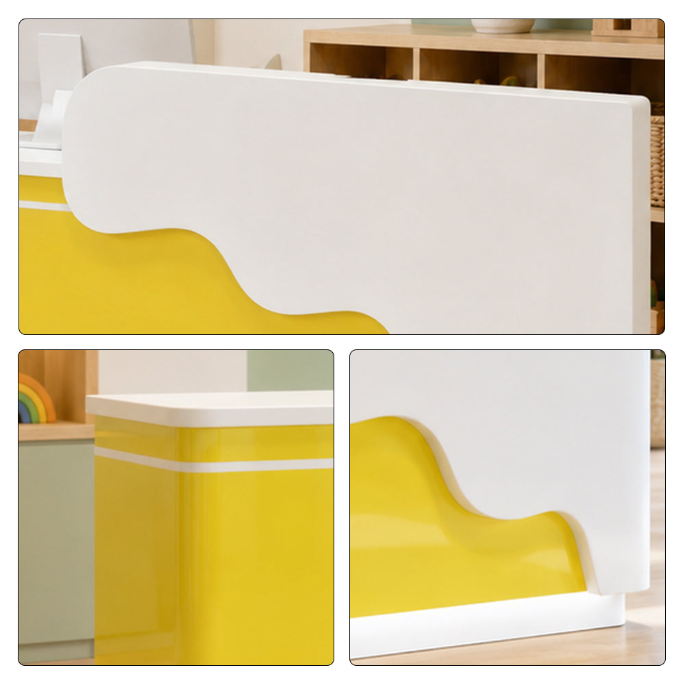 LUXORA 120/180cm Curved Reception Counter with LED Lighting for Kindergarten, Learning Centre & Retail Store - Gloss White & Lemon Yellow