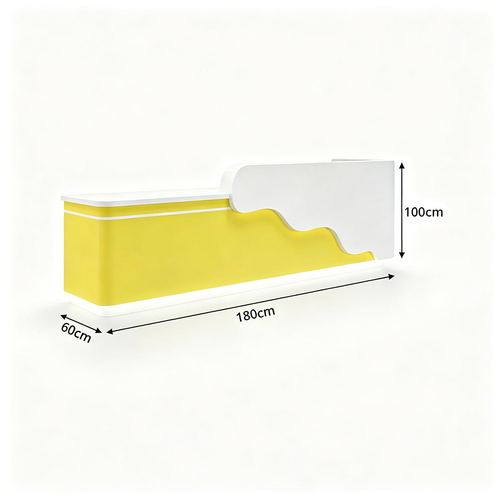 LUXORA 120/180cm Curved Reception Counter with LED Lighting for Kindergarten, Learning Centre & Retail Store - Gloss White & Lemon Yellow
