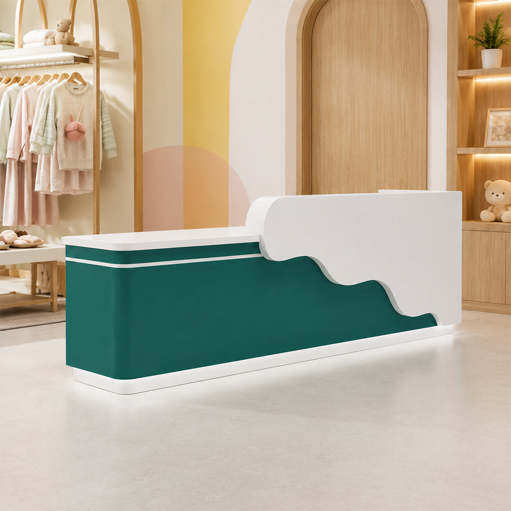 LUXORA 120/180cm Curved Reception Counter with LED Lighting for Kindergarten, Learning Centre & Retail Store - Gloss White & Dark Green
