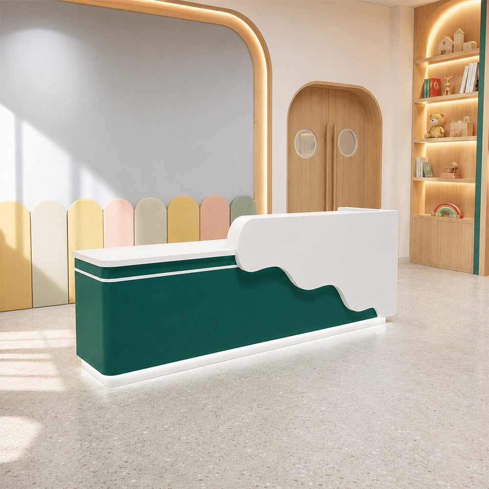 LUXORA 120/180cm Curved Reception Counter with LED Lighting for Kindergarten, Learning Centre & Retail Store - Gloss White & Dark Green