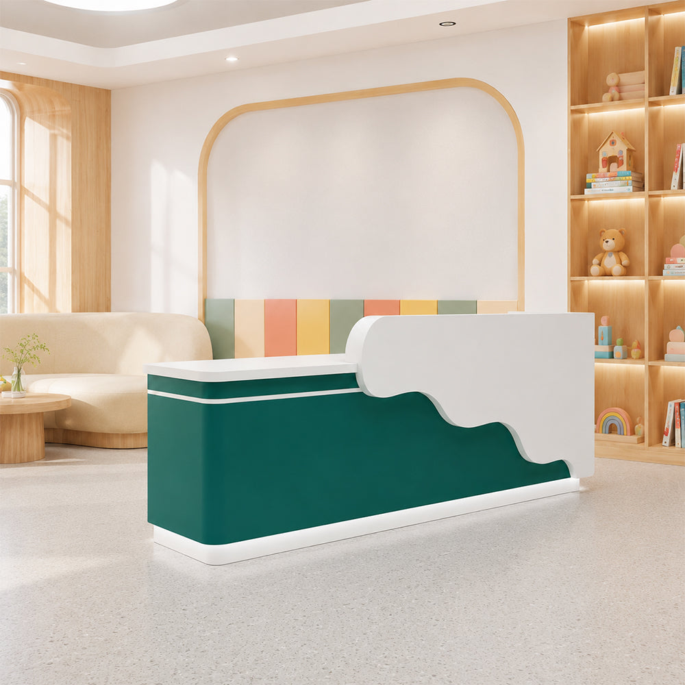 LUXORA 120/180cm Curved Reception Counter with LED Lighting for Kindergarten, Learning Centre & Retail Store - Gloss White & Dark Green