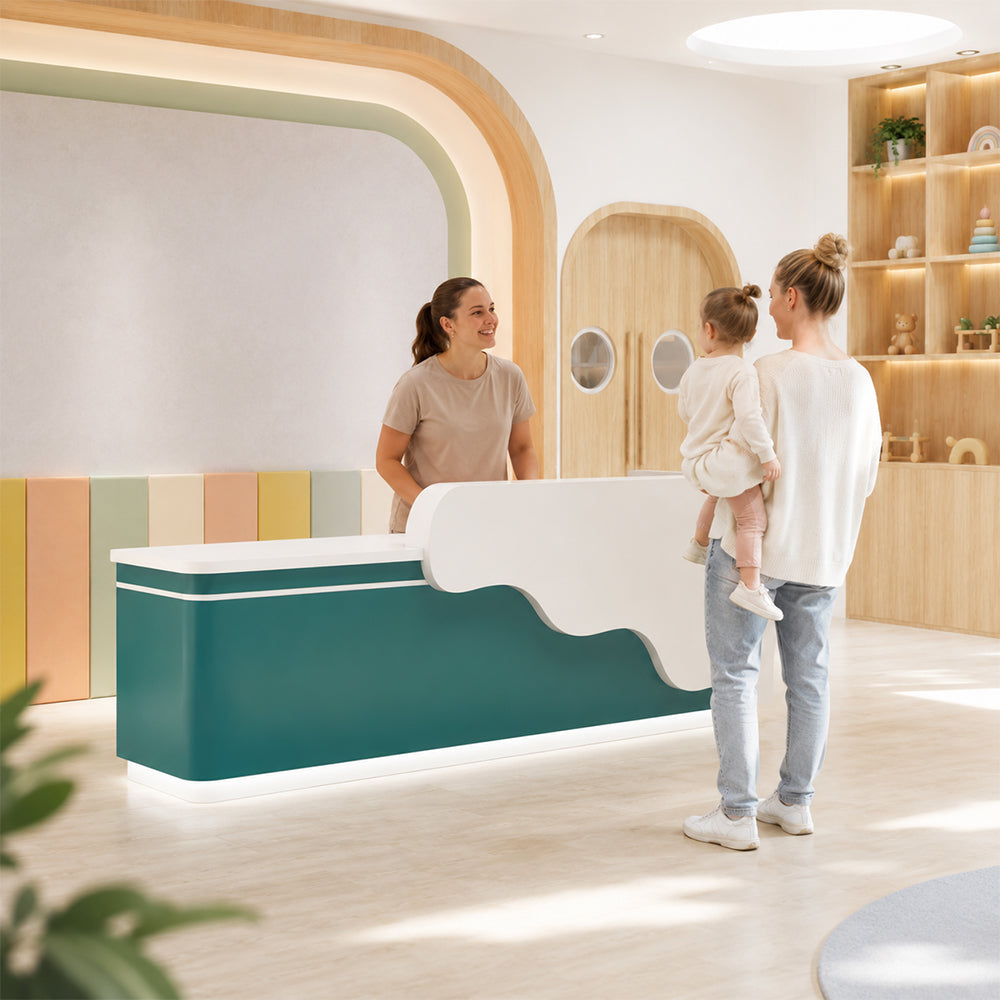 LUXORA 120/180cm Curved Reception Counter with LED Lighting for Kindergarten, Learning Centre & Retail Store - Gloss White & Dark Green