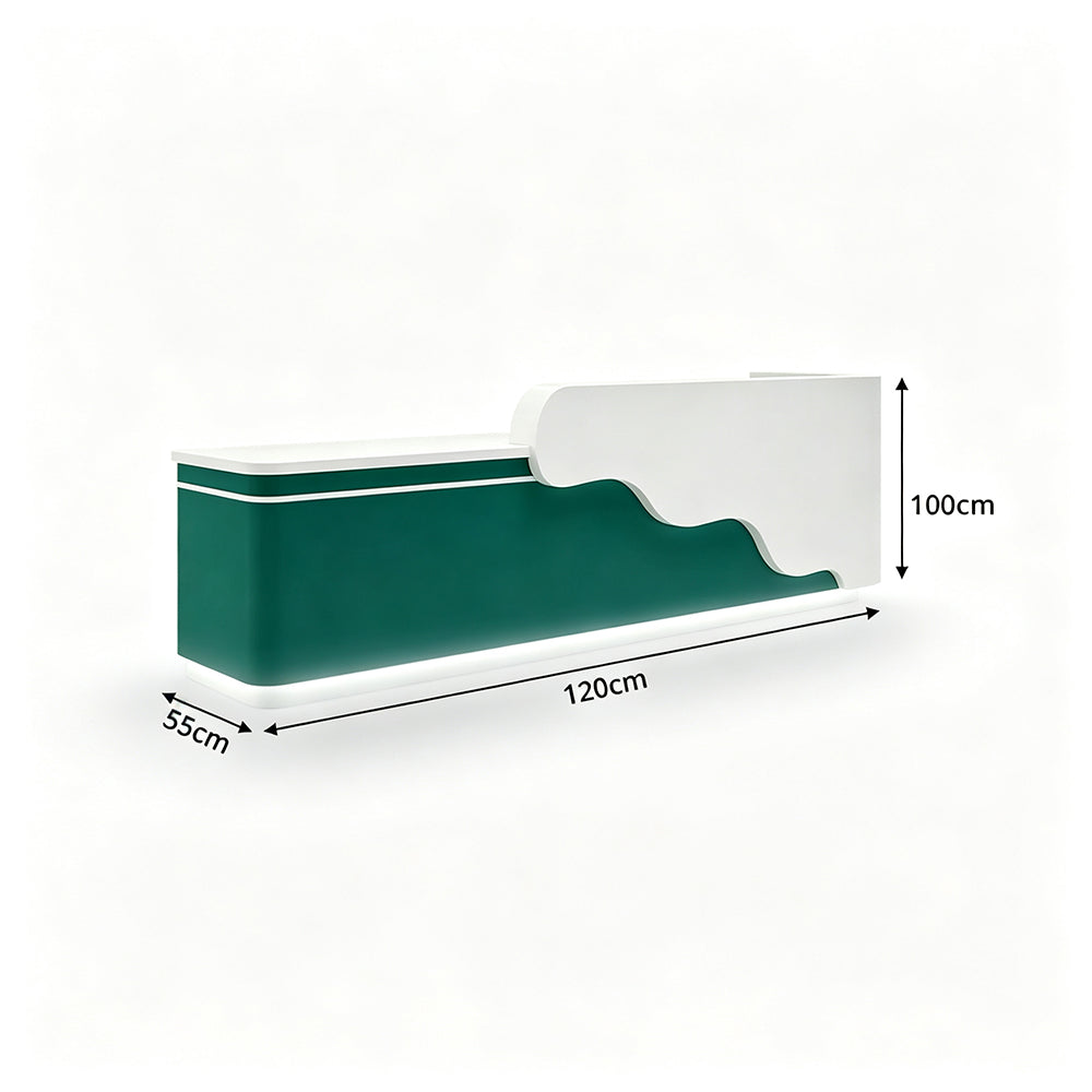 LUXORA 120/180cm Curved Reception Counter with LED Lighting for Kindergarten, Learning Centre & Retail Store - Gloss White & Dark Green