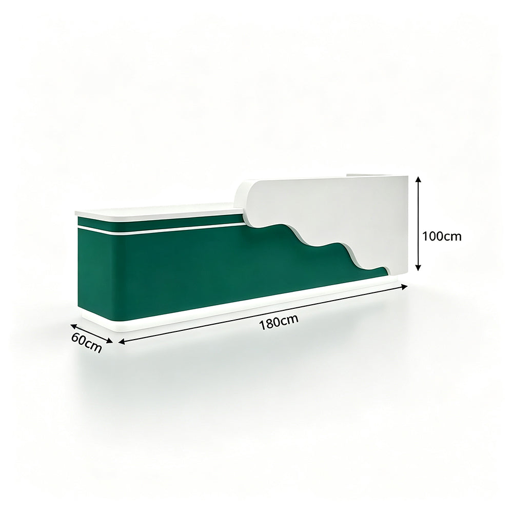 LUXORA 120/180cm Curved Reception Counter with LED Lighting for Kindergarten, Learning Centre & Retail Store - Gloss White & Dark Green