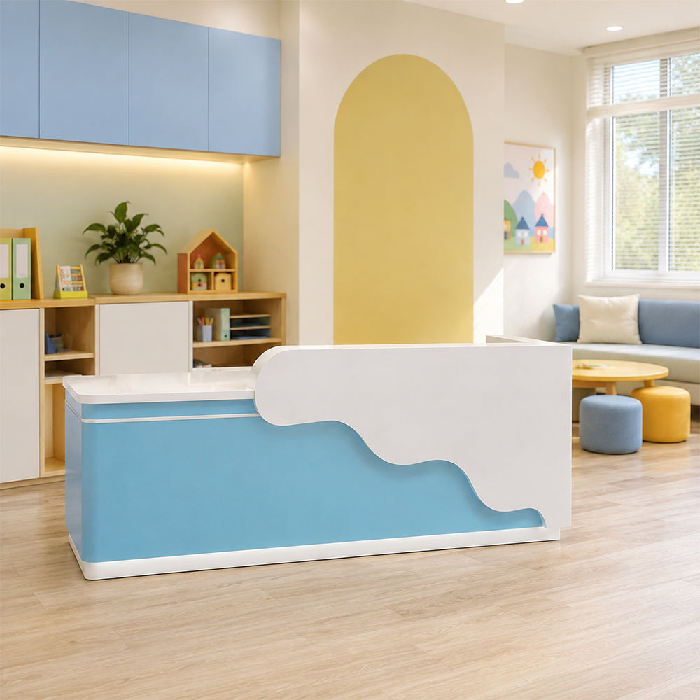LUXORA 120/180cm Curved Reception Counter with LED Lighting for Kindergarten, Learning Centre & Retail Store - Gloss White & Moonlight Blue