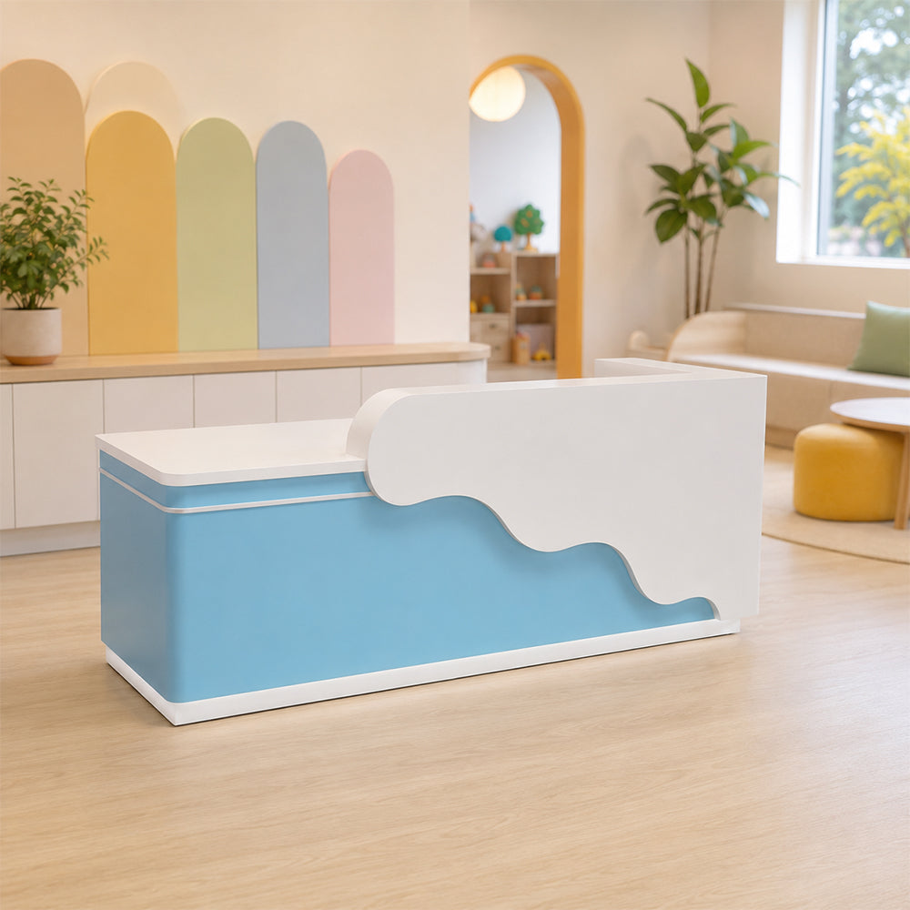 LUXORA 120/180cm Curved Reception Counter with LED Lighting for Kindergarten, Learning Centre & Retail Store - Gloss White & Moonlight Blue