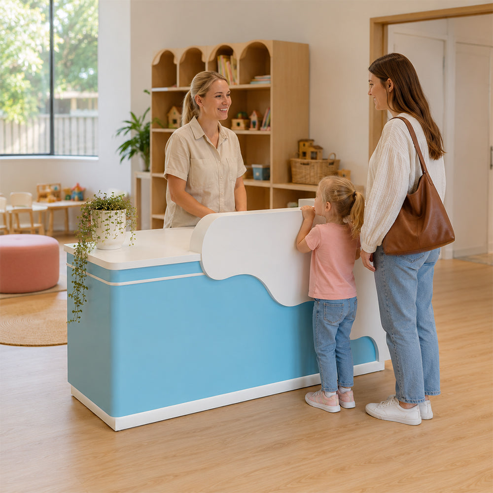 LUXORA 120/180cm Curved Reception Counter with LED Lighting for Kindergarten, Learning Centre & Retail Store - Gloss White & Moonlight Blue