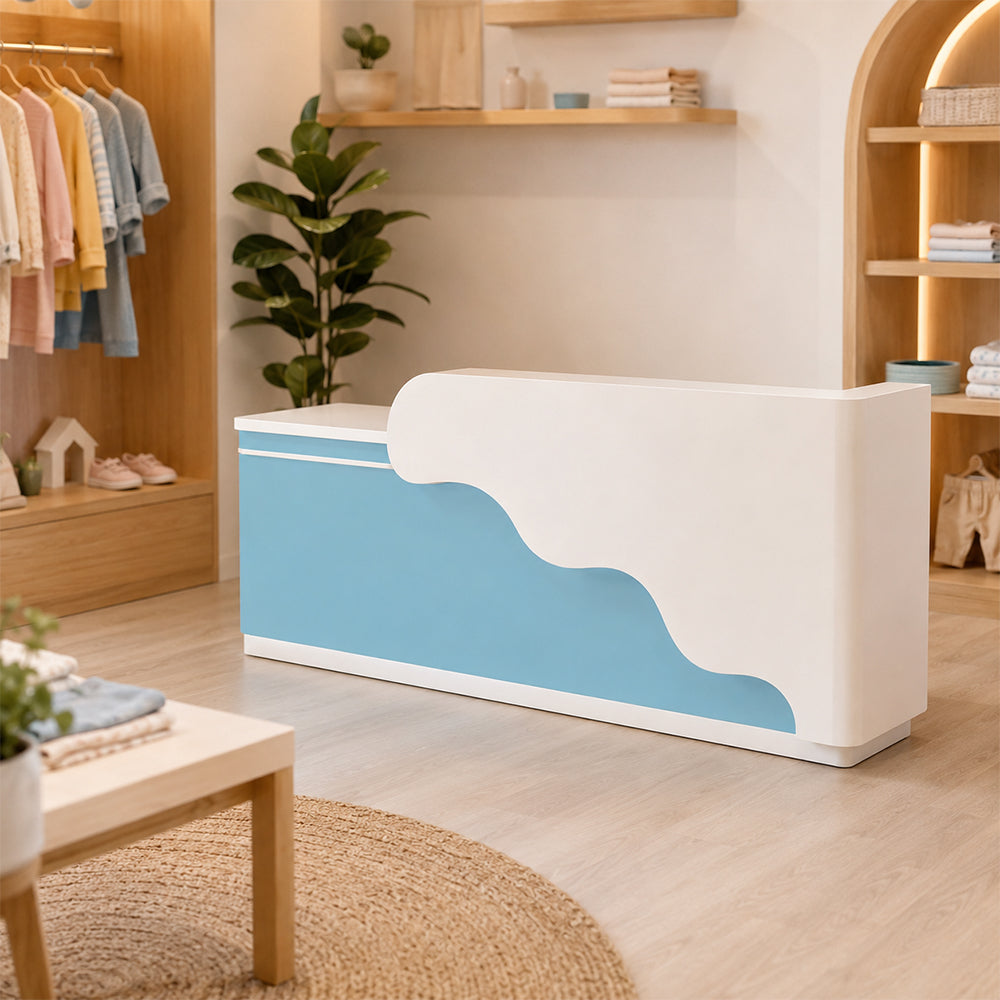 LUXORA 120/180cm Curved Reception Counter with LED Lighting for Kindergarten, Learning Centre & Retail Store - Gloss White & Moonlight Blue