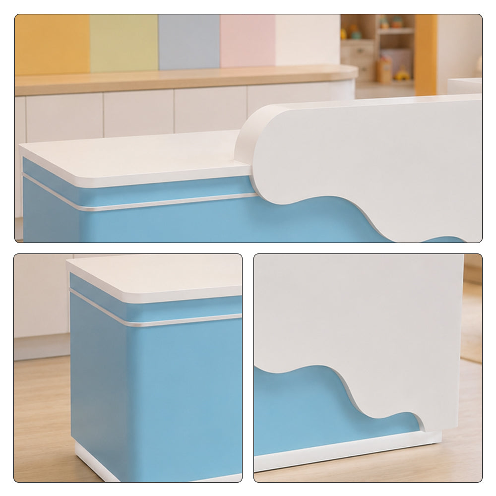 LUXORA 120/180cm Curved Reception Counter with LED Lighting for Kindergarten, Learning Centre & Retail Store - Gloss White & Moonlight Blue
