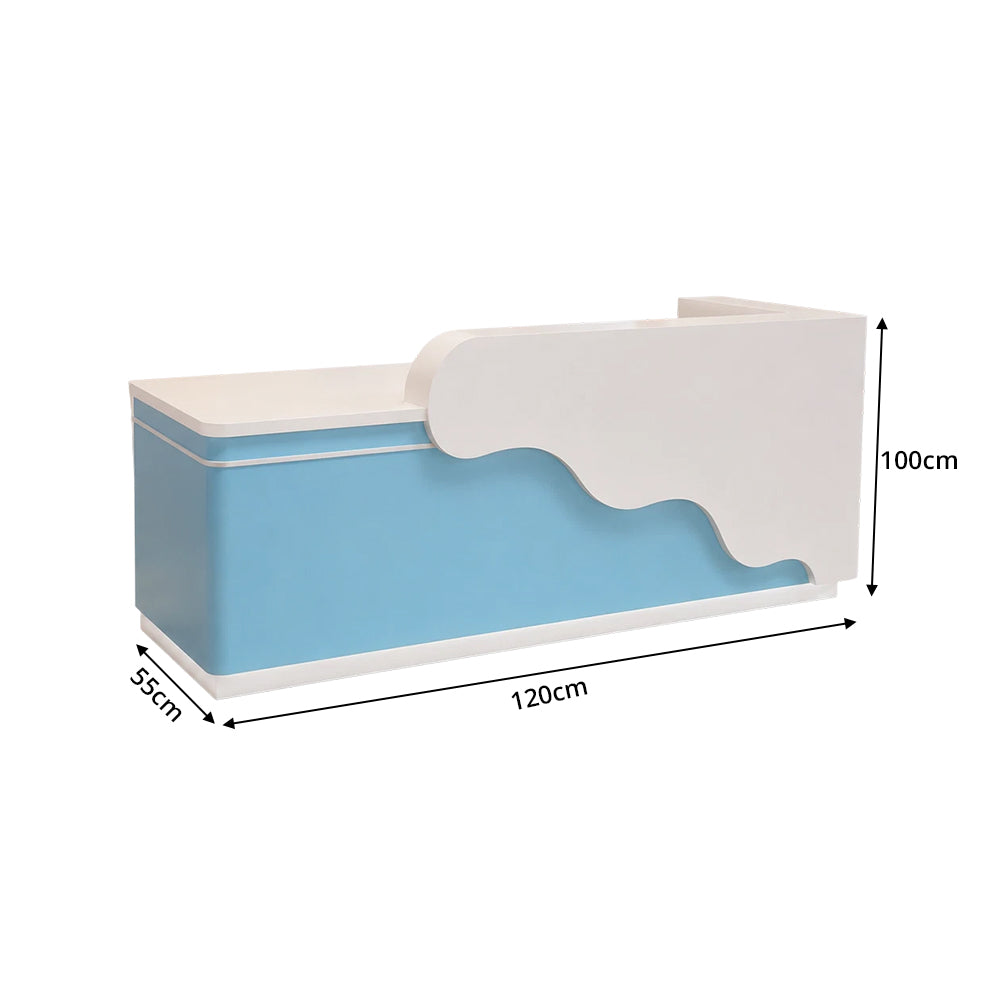 LUXORA 120/180cm Curved Reception Counter with LED Lighting for Kindergarten, Learning Centre & Retail Store - Gloss White & Moonlight Blue