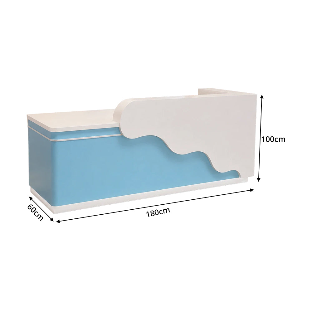 LUXORA 120/180cm Curved Reception Counter with LED Lighting for Kindergarten, Learning Centre & Retail Store - Gloss White & Moonlight Blue