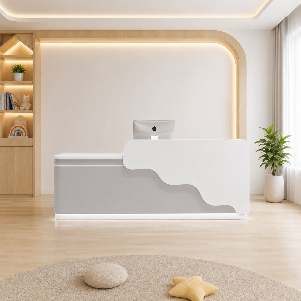 LUXORA 120/180cm Curved Reception Counter with LED Lighting for Kindergarten, Learning Centre & Retail Store - Gloss White & Grey