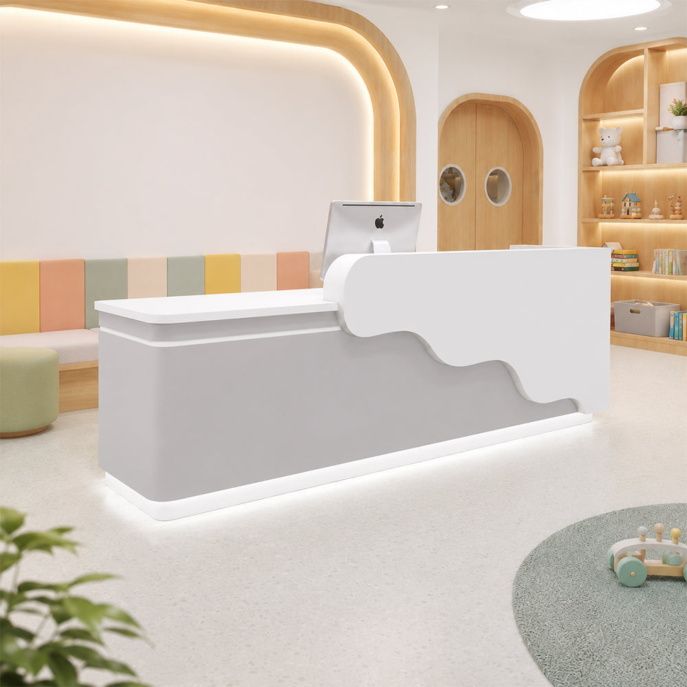 LUXORA 120/180cm Curved Reception Counter with LED Lighting for Kindergarten, Learning Centre & Retail Store - Gloss White & Grey